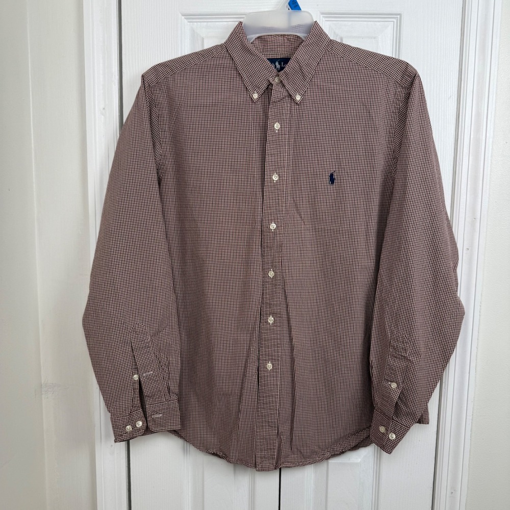 Ralph‎ Lauren Men's Classic Fit Brown Red Gingham Button Down Shirt Size 16.5 L